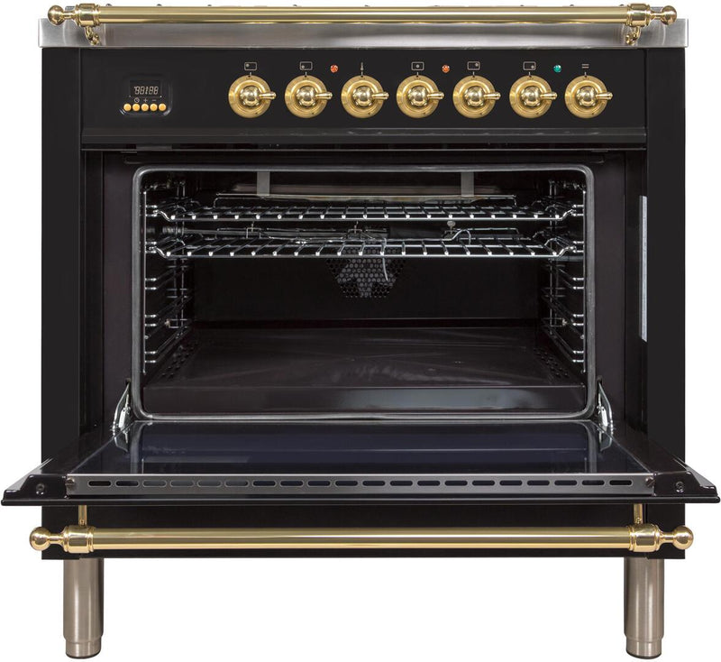 ILVE 36" Nostalgie Gas Range with 5 Burners - Griddle - 3.5 cu. ft. Oven - Brass Trim in Gloss Black (UPN90FDVGGN) Ranges ILVE 