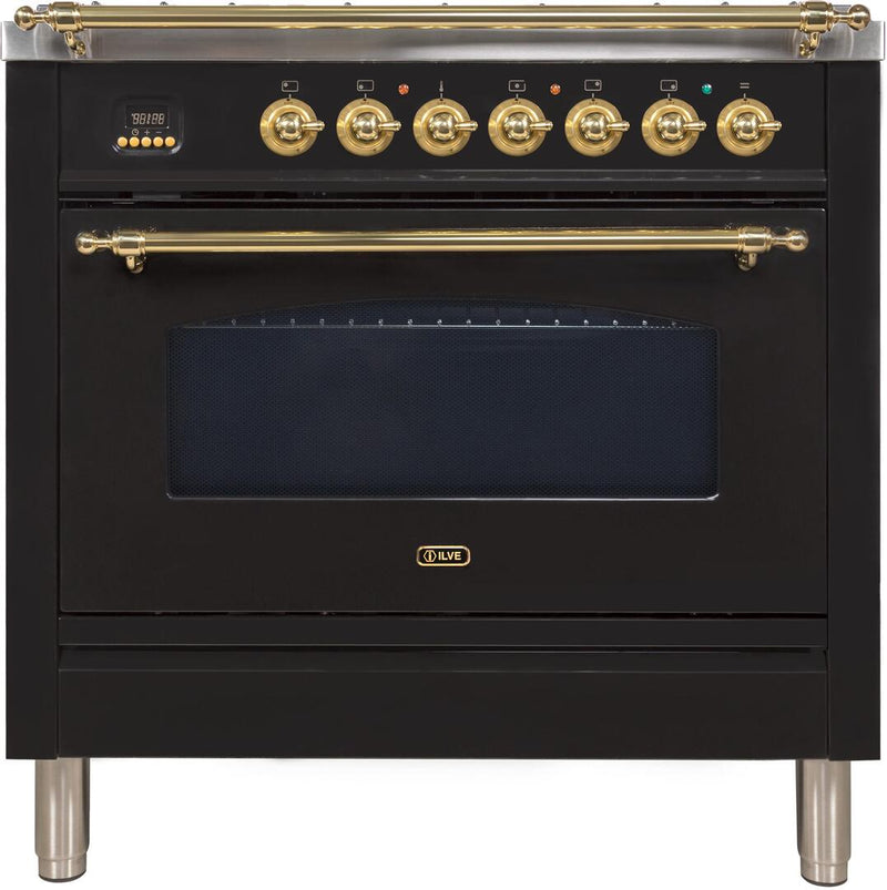 ILVE 36" Nostalgie Gas Range with 5 Burners - Griddle - 3.5 cu. ft. Oven - Brass Trim in Gloss Black (UPN90FDVGGN) Ranges ILVE 