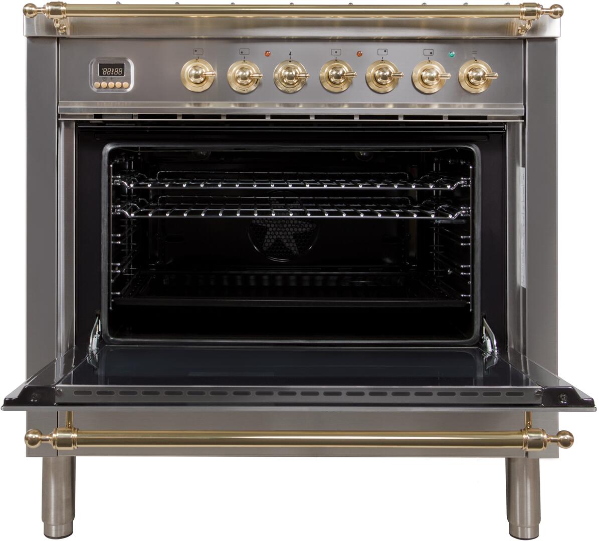 Stainless gas range with brass trim, front controls, and open oven door