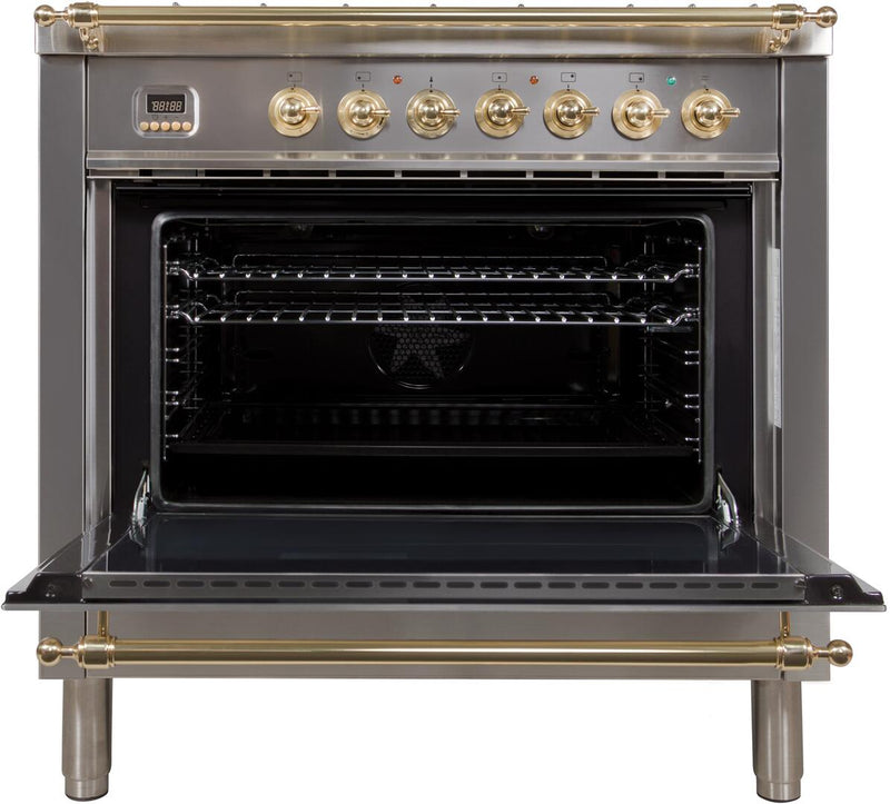 ILVE 36" Nostalgie Gas Range with 5 Burners - Griddle - 3.5 cu. ft. Oven - Brass Trim in Stainless Steel (UPN90FDVGGI) Ranges ILVE 