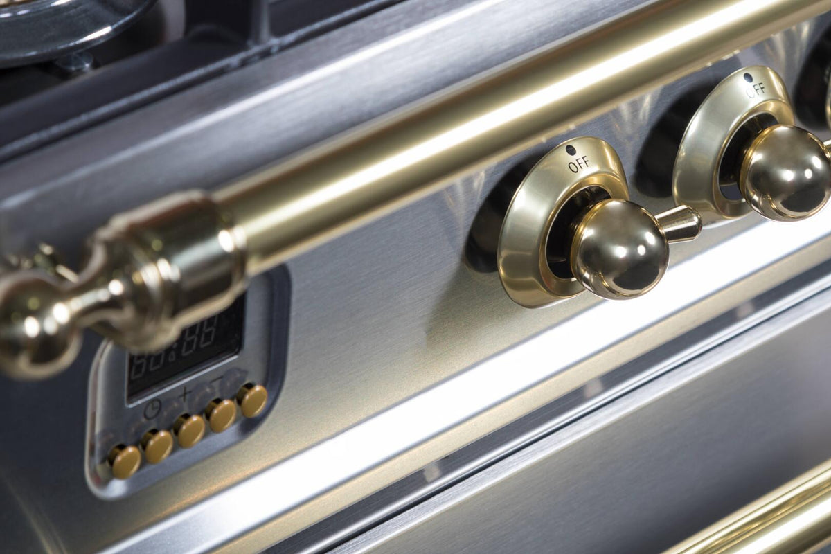 Stainless gas range control knobs with brass trim and illuminated display