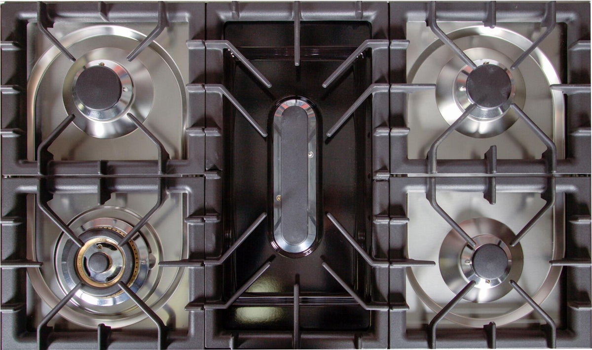 Five-burner cooktop with cast grates and central burner on stainless range top
