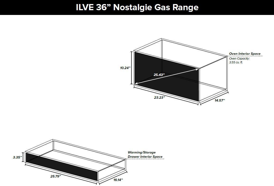 Nostalgie gas range oven and warming storage dimensions diagram with labeled measurements