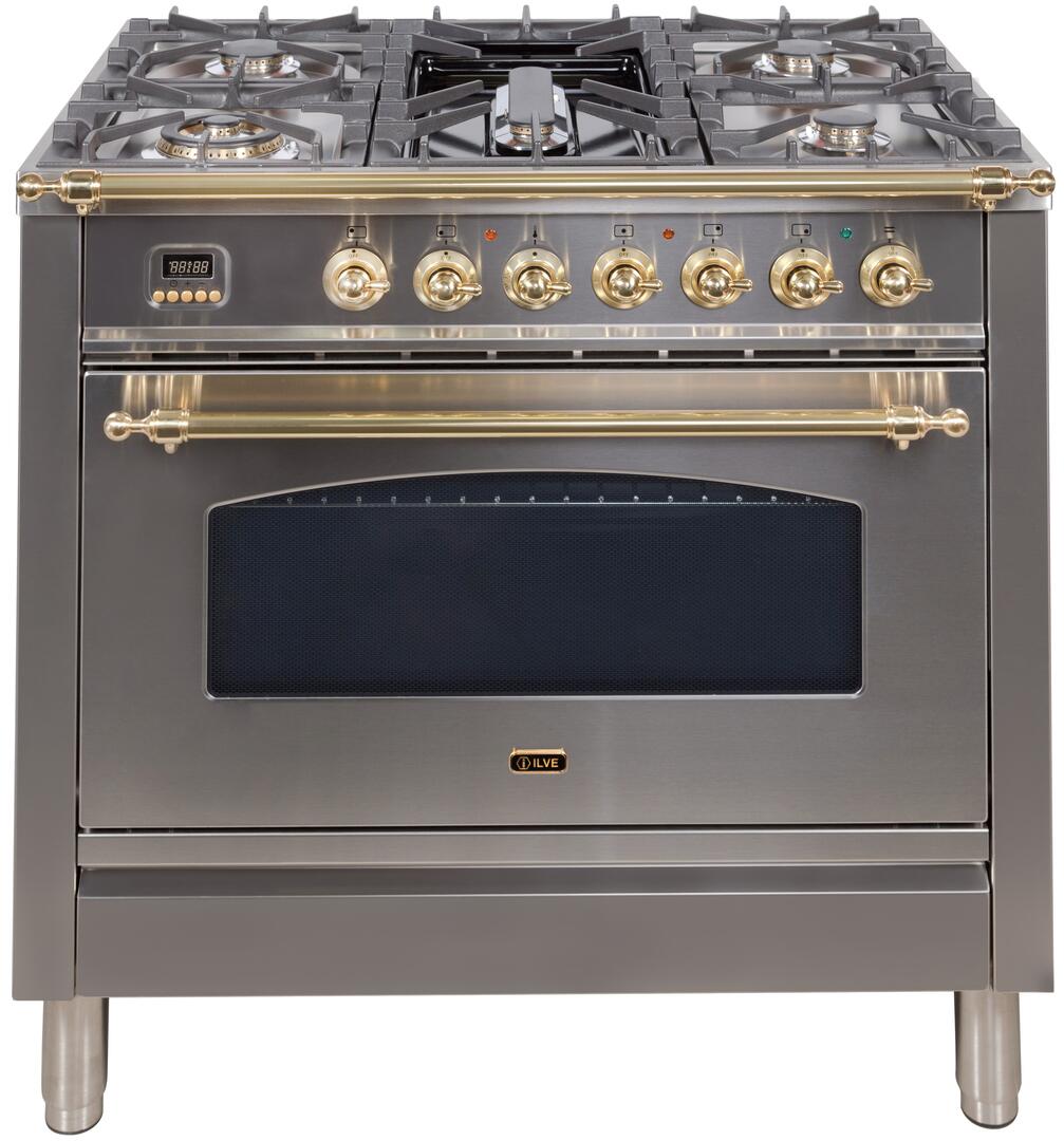 Stainless gas range with five burners, brass control rail, and oven window