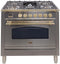 ILVE 36-Inch Nostalgie Gas Range with 5 Burners - Griddle - 3.5 cu. ft. Oven - Brass Trim in Stainless Steel (UPN90FDVGGI)