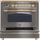 ILVE 36" Nostalgie Gas Range with 5 Burners - Griddle - 3.5 cu. ft. Oven - Brass Trim in Stainless Steel (UPN90FDVGGI) Ranges ILVE 