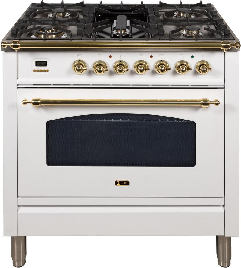 ILVE 36" Nostalgie Gas Range with 5 Burners - Griddle - 3.5 cu. ft. Oven - Brass Trim in White (UPN90FDVGGB) Ranges ILVE 