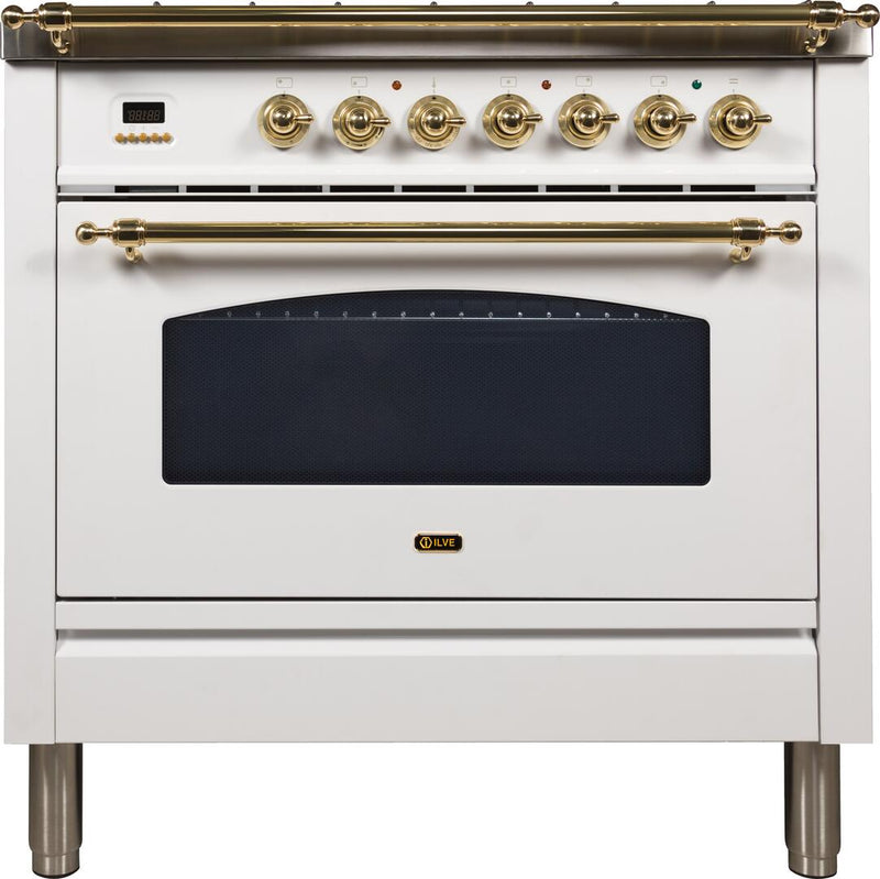 ILVE 36" Nostalgie Gas Range with 5 Burners - Griddle - 3.5 cu. ft. Oven - Brass Trim in White (UPN90FDVGGB) Ranges ILVE 