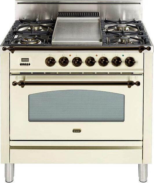 ILVE 36" Nostalgie Gas Range with 5 Burners - Griddle - 3.5 cu. ft. Oven - Bronze Trim in Antique White (UPN90FDVGGAY) Ranges ILVE 