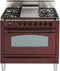 ILVE 36-Inch Nostalgie Gas Range with 5 Burners - Griddle - 3.5 cu. ft. Oven - Bronze Trim in Burgundy (UPN90FDVGGRBY)