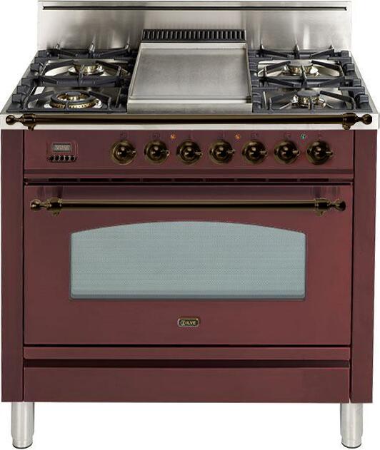 ILVE 36" Nostalgie Gas Range with 5 Burners - Griddle - 3.5 cu. ft. Oven - Bronze Trim in Burgundy (UPN90FDVGGRBY) Ranges ILVE 