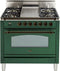 ILVE 36-Inch Nostalgie Gas Range with 5 Burners - Griddle - 3.5 cu. ft. Oven - Bronze Trim in Emerald Green (UPN90FDVGGVSY)