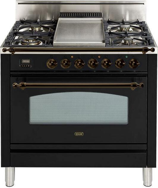 ILVE 36" Nostalgie Gas Range with 5 Burners - Griddle - 3.5 cu. ft. Oven - Bronze Trim in Gloss Black (UPN90FDVGGNY) Ranges ILVE 