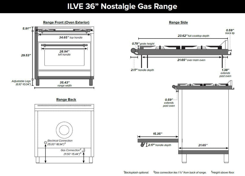 ILVE 36" Nostalgie Gas Range with 5 Burners - Griddle - 3.5 cu. ft. Oven - Bronze Trim in Stainless Steel (UPN90FDVGGIY) Ranges ILVE 