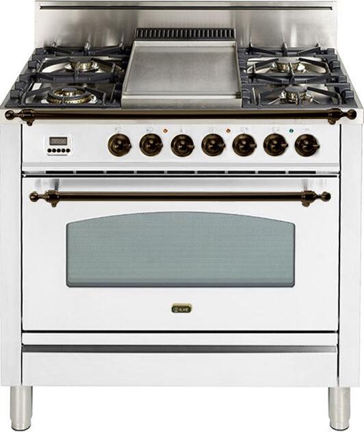 ILVE 36" Nostalgie Gas Range with 5 Burners - Griddle - 3.5 cu. ft. Oven - Bronze Trim in White (UPN90FDVGGBY) Ranges ILVE 