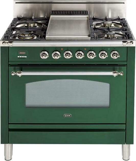 ILVE 36" Nostalgie Gas Range with 5 Burners - Griddle - 3.5 cu. ft. Oven - Chrome Trim in Emerald Green (UPN90FDVGGVSX) Ranges ILVE 