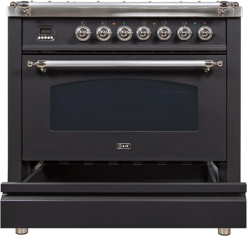 ILVE 36" Nostalgie Gas Range with 5 Burners - Griddle - 3.5 cu. ft. Oven - Chrome Trim in Matte Graphite (UPN90FDVGGMX) Ranges ILVE 