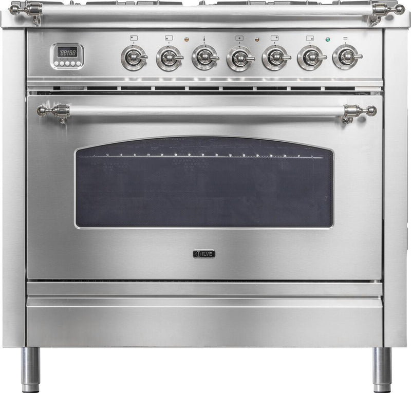 ILVE 36" Nostalgie Gas Range with 5 Burners - Griddle - 3.5 cu. ft. Oven - Chrome Trim in Stainless Steel (UPN90FDVGGIX) Ranges ILVE 