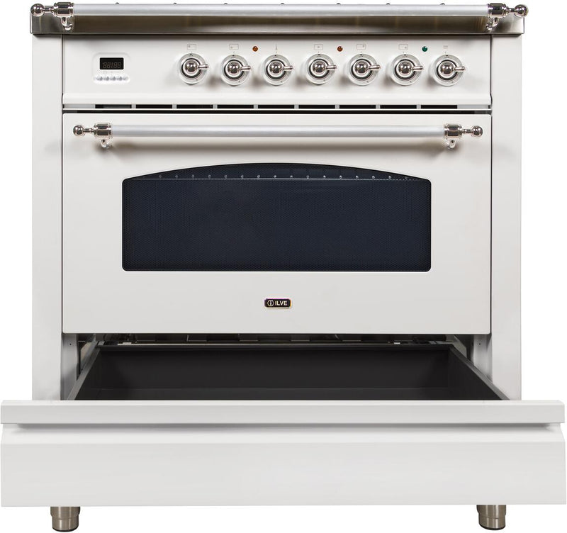 ILVE 36" Nostalgie Gas Range with 5 Burners - Griddle - 3.5 cu. ft. Oven - Chrome Trim in White (UPN90FDVGGBX) Ranges ILVE 