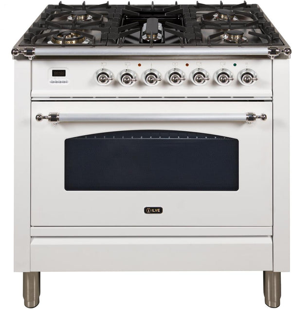 ILVE 36" Nostalgie Gas Range with 5 Burners - Griddle - 3.5 cu. ft. Oven - Chrome Trim in White (UPN90FDVGGBX) Ranges ILVE 