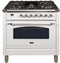 ILVE 36-Inch Nostalgie Gas Range with 5 Burners - Griddle - 3.5 cu. ft. Oven - Chrome Trim in White (UPN90FDVGGBX)
