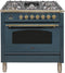 ILVE 36-Inch Nostalgie Series Freestanding Single Oven Dual Fuel Range with 5 Sealed Burners and Griddle in Blue Grey with Brass Trim (UPN90FDMPGU)