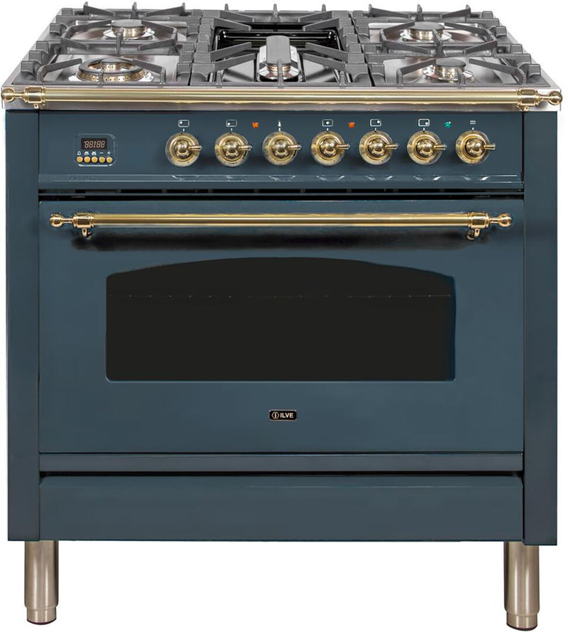 ILVE 36" Nostalgie Series Freestanding Single Oven Dual Fuel Range with 5 Sealed Burners and Griddle in Blue Grey with Brass Trim (UPN90FDMPGU) Ranges ILVE 
