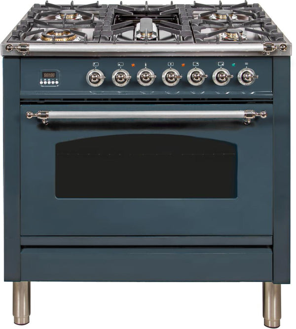 ILVE 36" Nostalgie Series Freestanding Single Oven Dual Fuel Range with 5 Sealed Burners and Griddle in Blue Grey with Chrome Trim (UPN90FDMPGUX) Ranges ILVE 