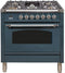 ILVE 36-Inch Nostalgie Series Freestanding Single Oven Dual Fuel Range with 5 Sealed Burners and Griddle in Blue Grey with Chrome Trim (UPN90FDMPGUX)