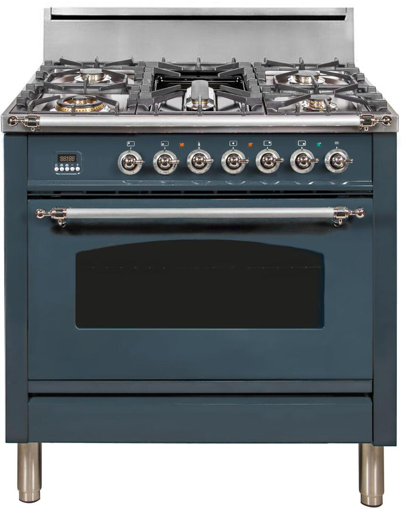 ILVE 36" Nostalgie Series Freestanding Single Oven Gas Range with 5 Sealed Burners and Griddle, High Back, in Blue Grey with Chrome Trim (UPN90FDVGGGUX) Ranges ILVE 