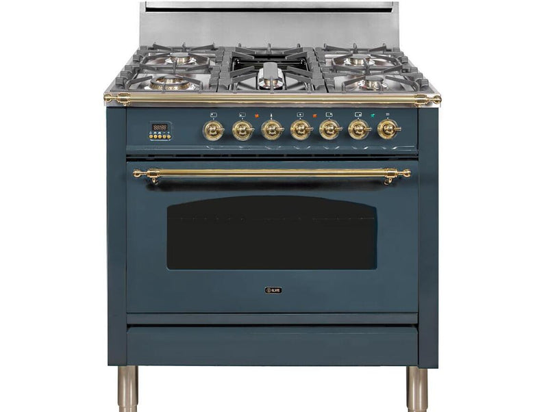 ILVE 36" Nostalgie Series Freestanding Single Oven Gas Range with 5 Sealed Burners and Griddle in Blue Grey with Brass Trim (UPN90FDVGGGU) Ranges ILVE 