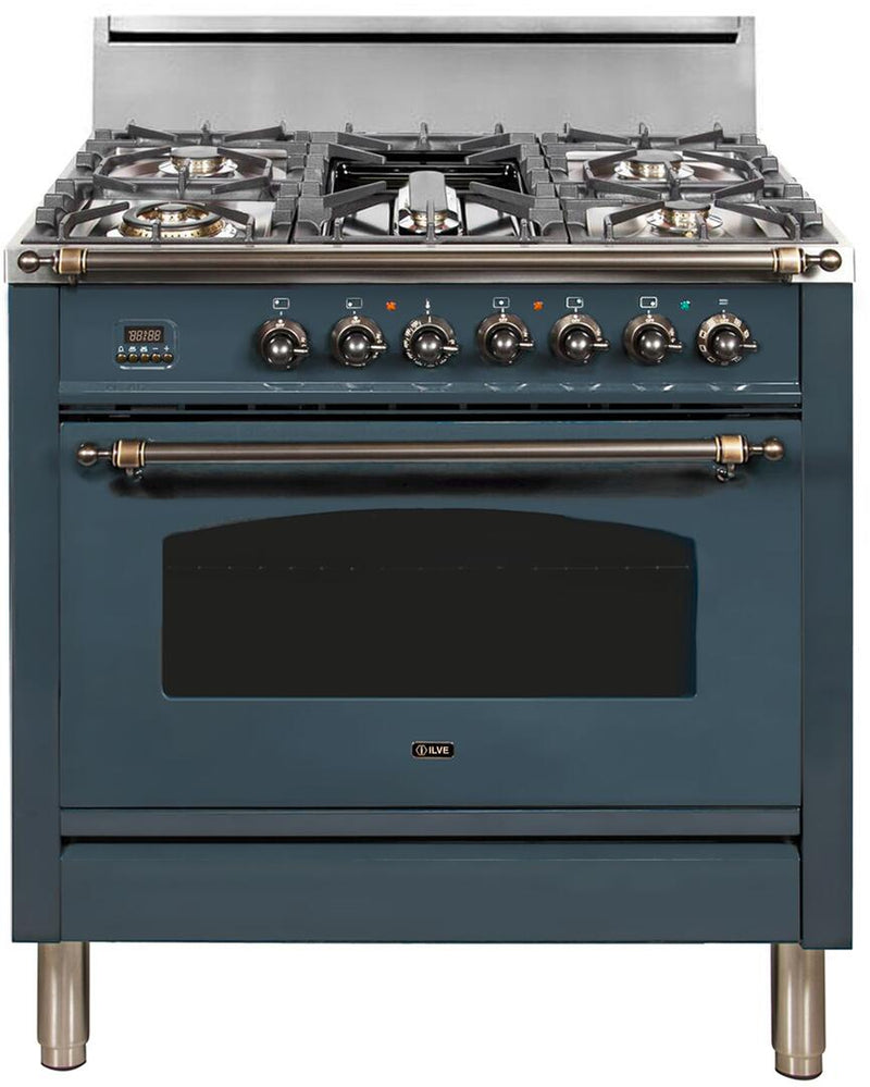 ILVE 36" Nostalgie Series Freestanding Single Oven Gas Range with 5 Sealed Burners and Griddle in Blue Grey with Bronze Trim (UPN90FDVGGGUY) Ranges ILVE 