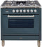 ILVE 36-Inch Nostalgie Series Freestanding Single Oven Gas Range with 5 Sealed Burners and Griddle in Blue Grey with Chrome Trim (UPW90FDVGGGU)