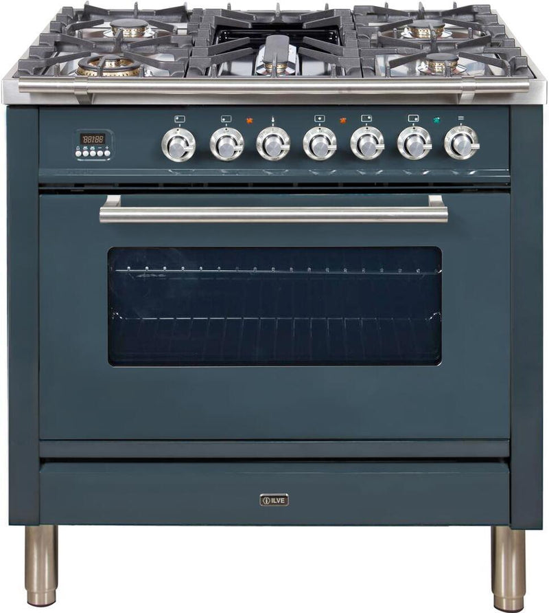 ILVE 36" Nostalgie Series Freestanding Single Oven Gas Range with 5 Sealed Burners and Griddle in Blue Grey with Chrome Trim (UPW90FDVGGGU) Ranges ILVE 