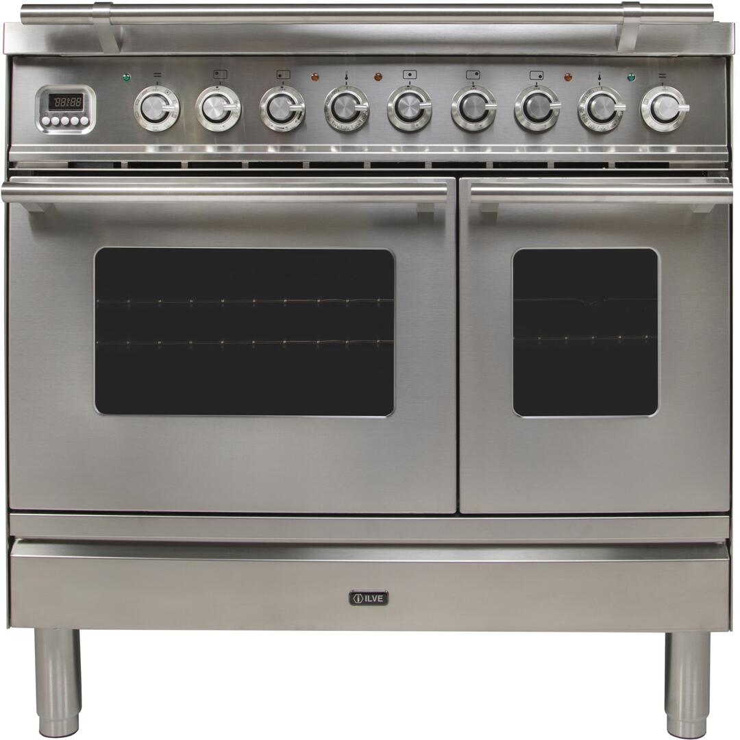 Stainless steel dual-fuel range front with five burner knobs and double oven windows