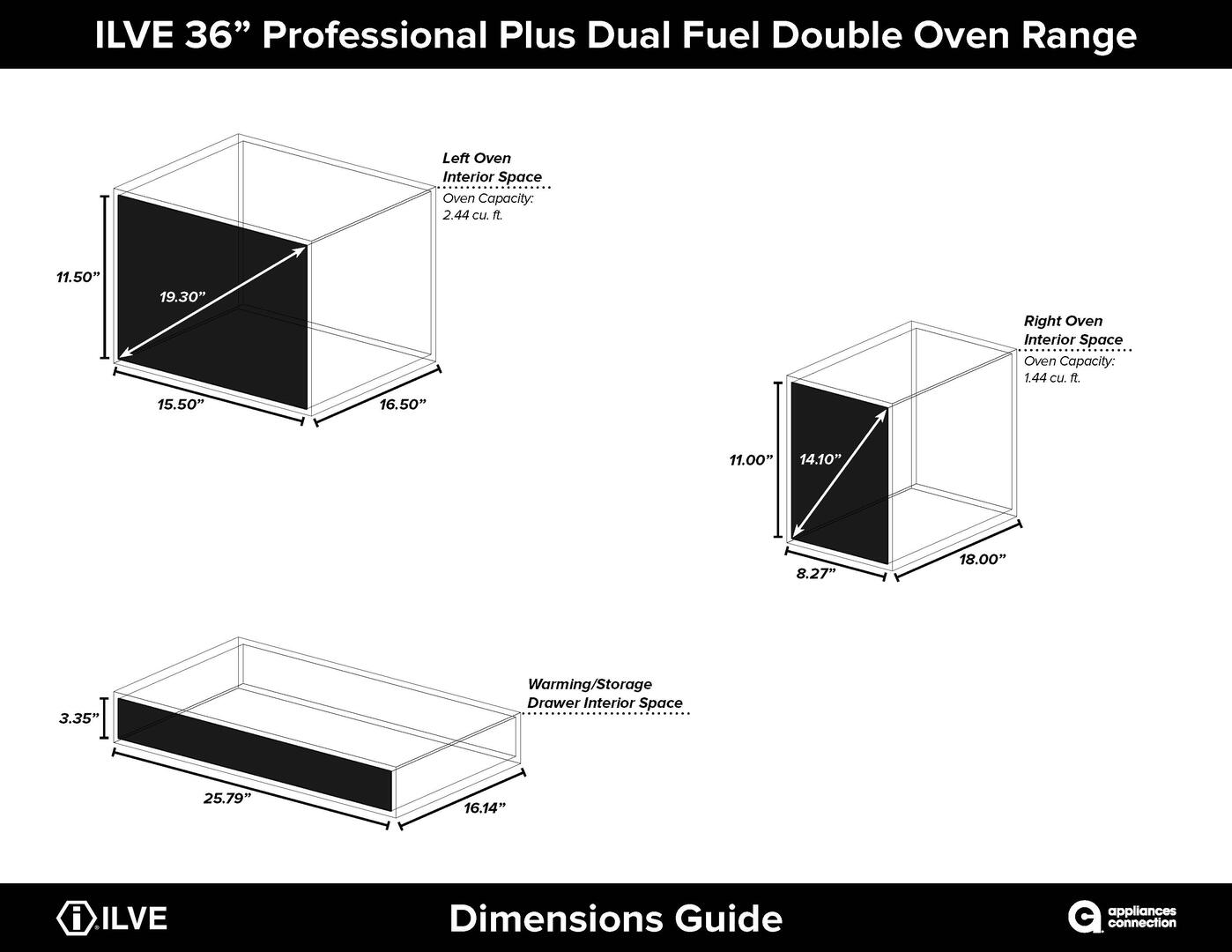 ILVE 36-inch professional plus dual-fuel range dimensions guide graphic
