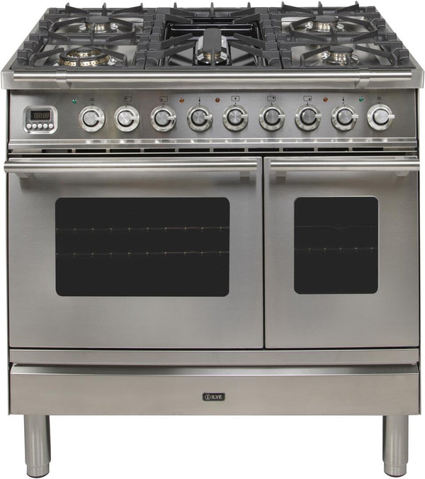 ILVE 36" Professional Plus Dual Fuel Range with 5 Sealed Burners - Double Oven - Griddle - Staless Steel (UPDW90FDMPI) Ranges ILVE 
