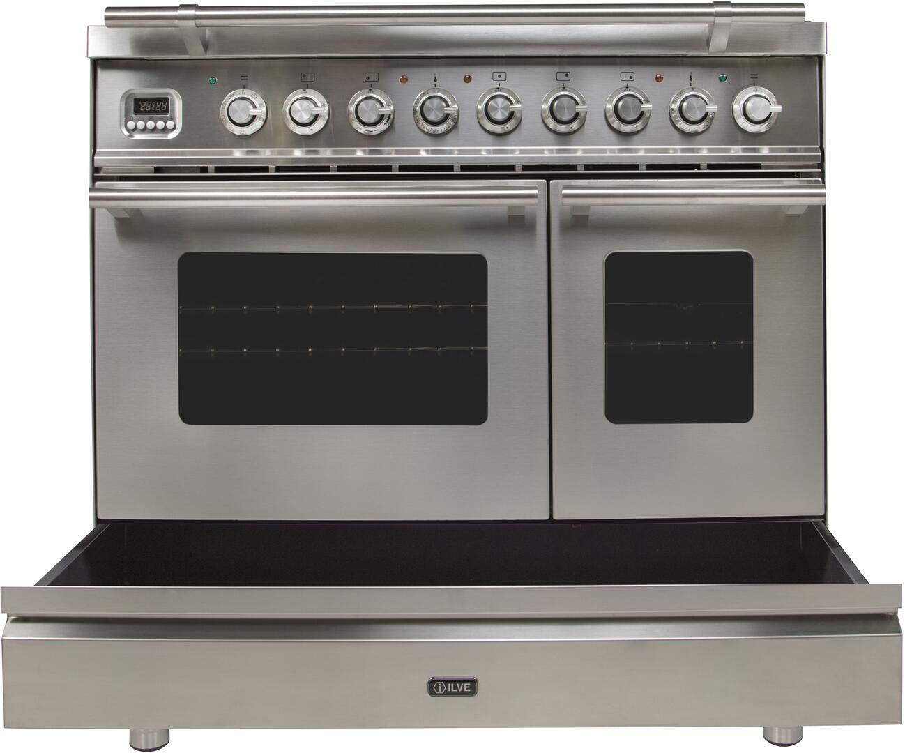 Stainless steel dual-fuel range front with double ovens and storage drawer