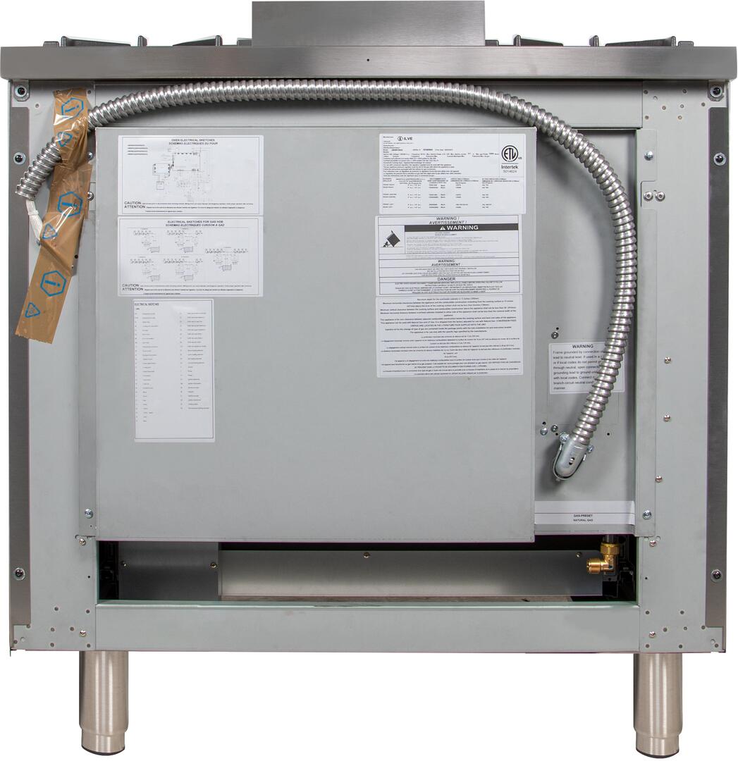 Stainless steel range rear service panel with flexible gas line and wiring bay