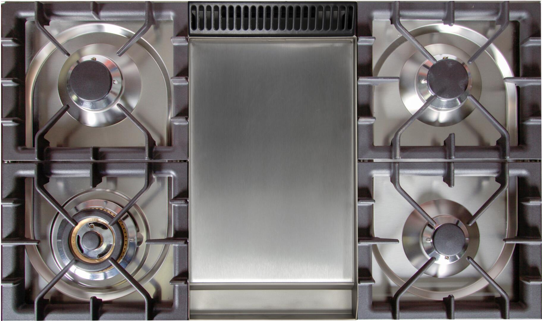 Stainless steel dual fuel range with five sealed burners surrounding a griddle center