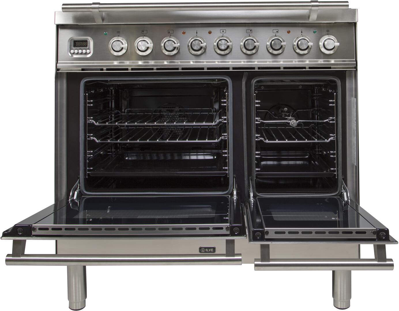 Stainless steel double oven range with both oven doors open and racks