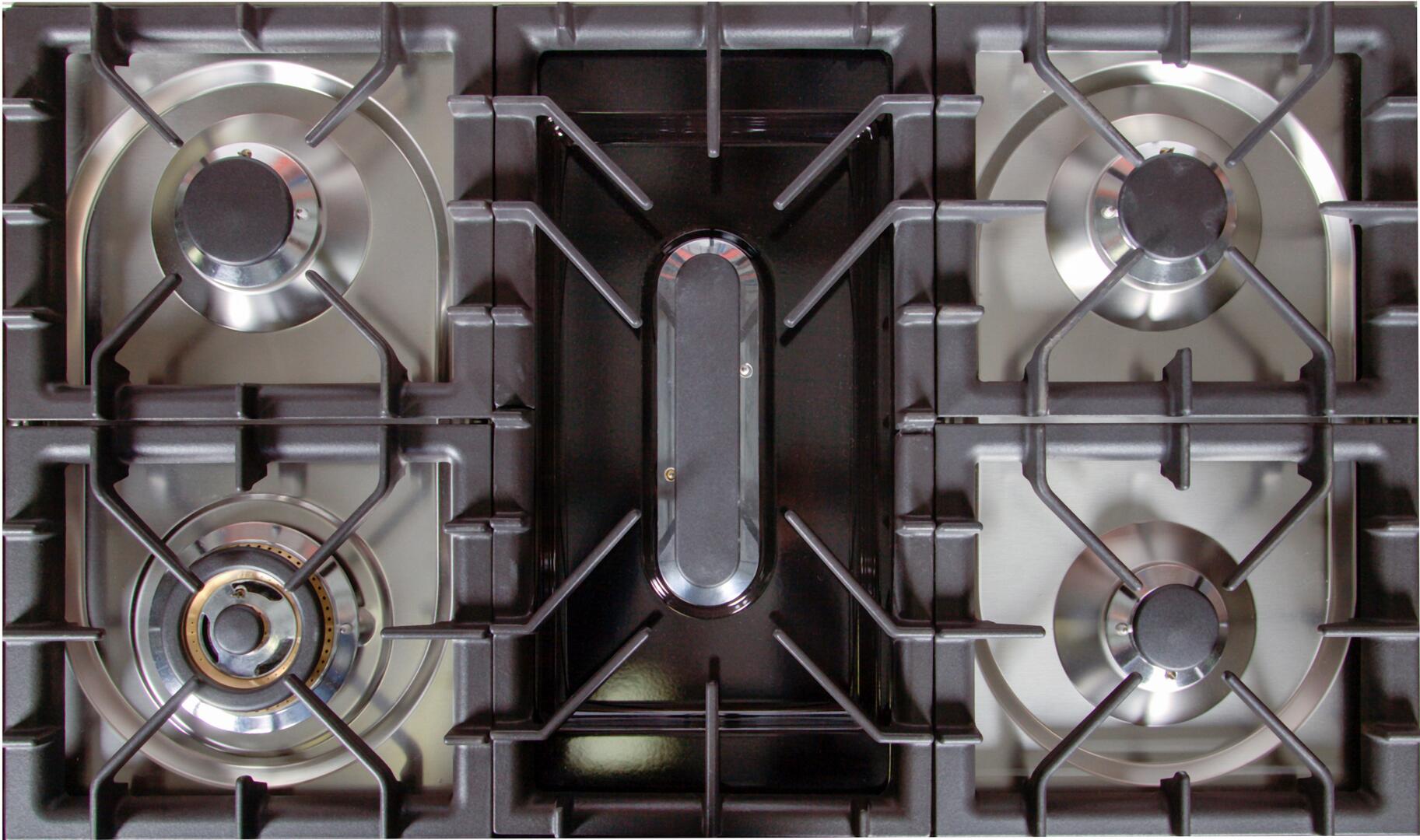 Professional dual fuel range cooktop layout with four burners and center griddle