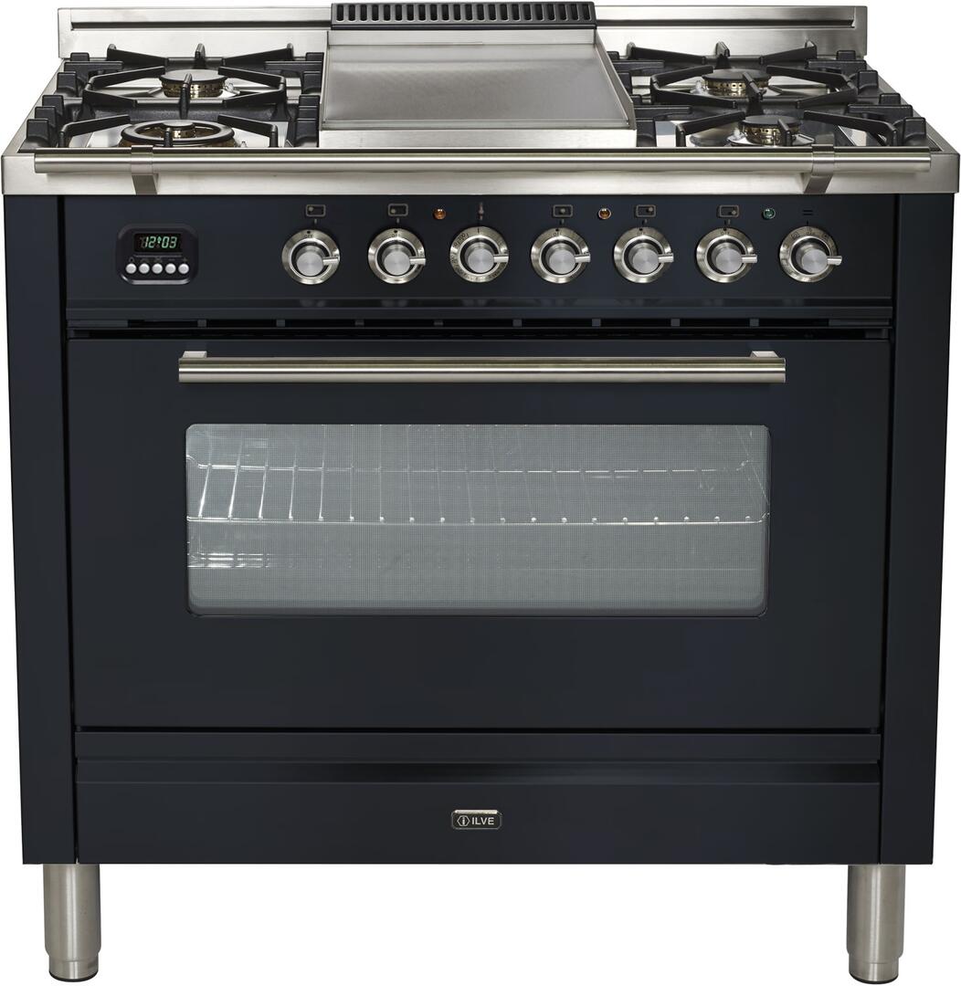 ILVE dual-fuel range with griddle top, control knobs, and oven door window