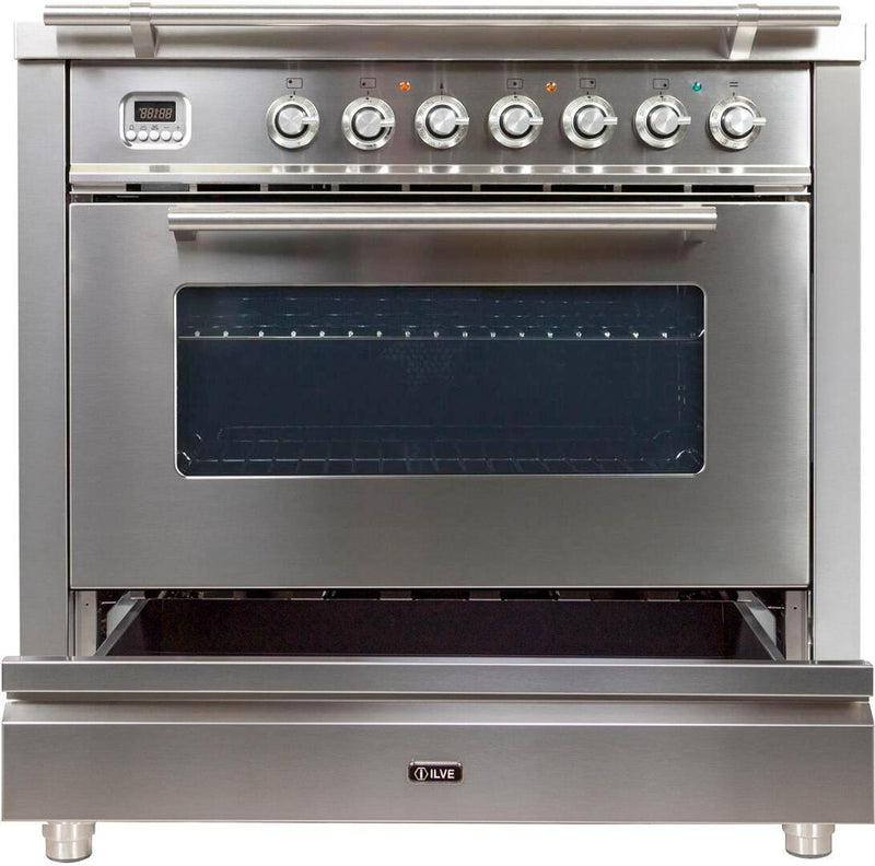 ILVE 36" Professional Plus Dual Fuel Range with Sgle Oven - 5 Sealed Burners - Sgle Oven - Griddle - Staless Steel (UPW90FDMPI) Ranges ILVE 