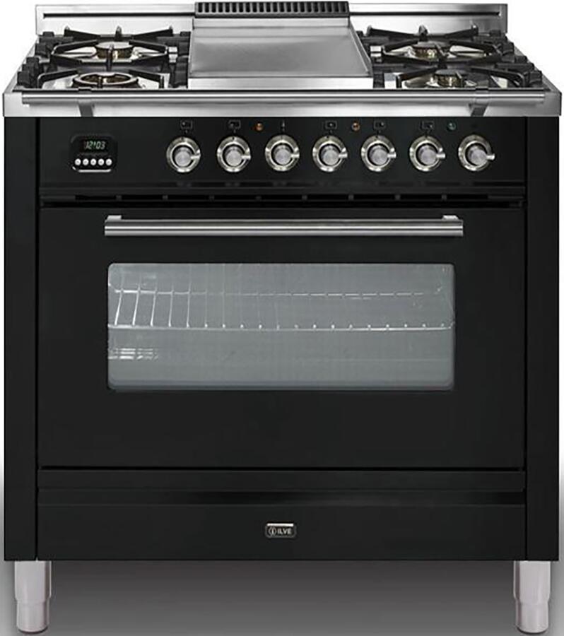 ILVE 36" Professional Plus Glossy Black Range with Chrome Trim Range with 5 Burners - Griddle - 3.5 cu. ft. Oven (UPW90FDVGGN) Ranges ILVE 