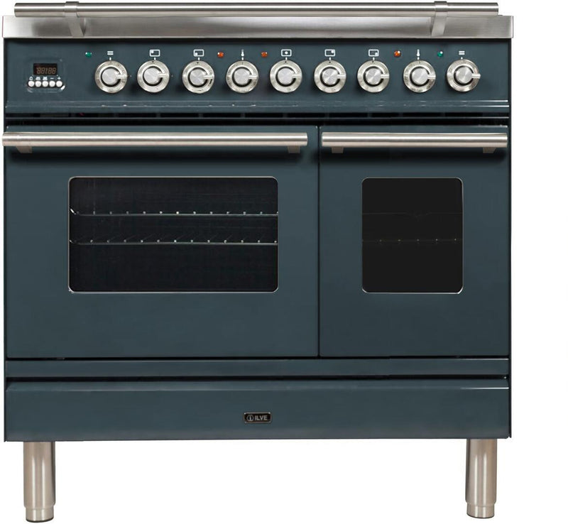 ILVE 36" Professional Plus Series Freestanding Double Oven Dual Fuel Range with 5 Sealed Burners in Blue Grey with Chrome Trim (UPDW90FDMPGU) Ranges ILVE 