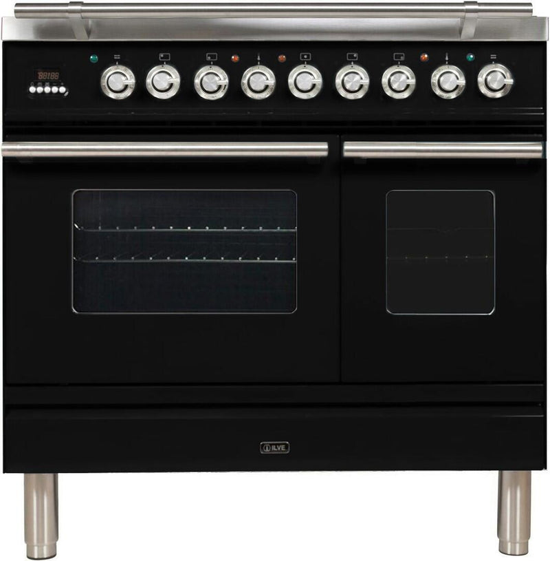 ILVE 36" Professional Plus Series Freestanding Double Oven Dual Fuel Range with 5 Sealed Burners in Glossy Black with Chrome Trim (UPDW90FDMPN) Ranges ILVE 