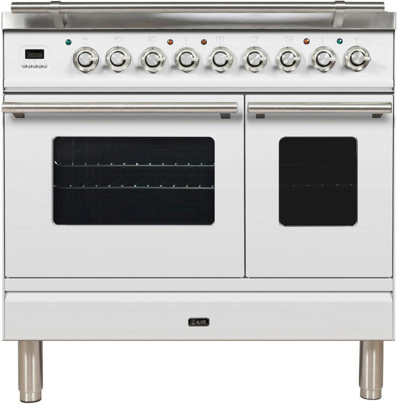 ILVE 36" Professional Plus Series Freestanding Double Oven Dual Fuel Range with 5 Sealed Burners in White with Chrome Trim (UPDW90FDMPB) Ranges ILVE 