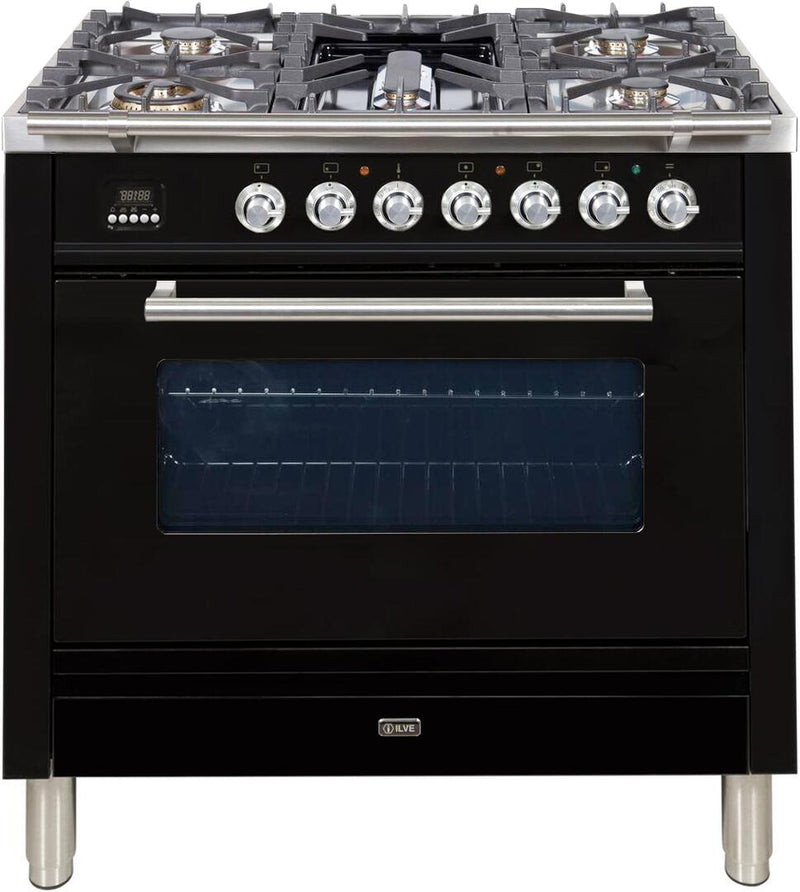 ILVE 36" Professional Plus Series Freestanding Single Oven Dual Fuel Range with 5 Sealed Burners in Glossy Black with Chrome Trim (UPW90FDMPN) Ranges ILVE 