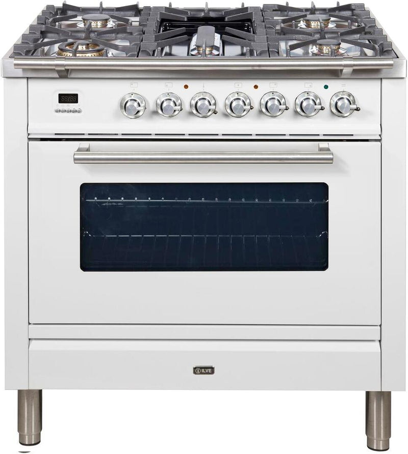 ILVE 36" Professional Plus Series Freestanding Single Oven Dual Fuel Range with 5 Sealed Burners in White with Chrome Trim (UPW90FDMPB) Ranges ILVE 